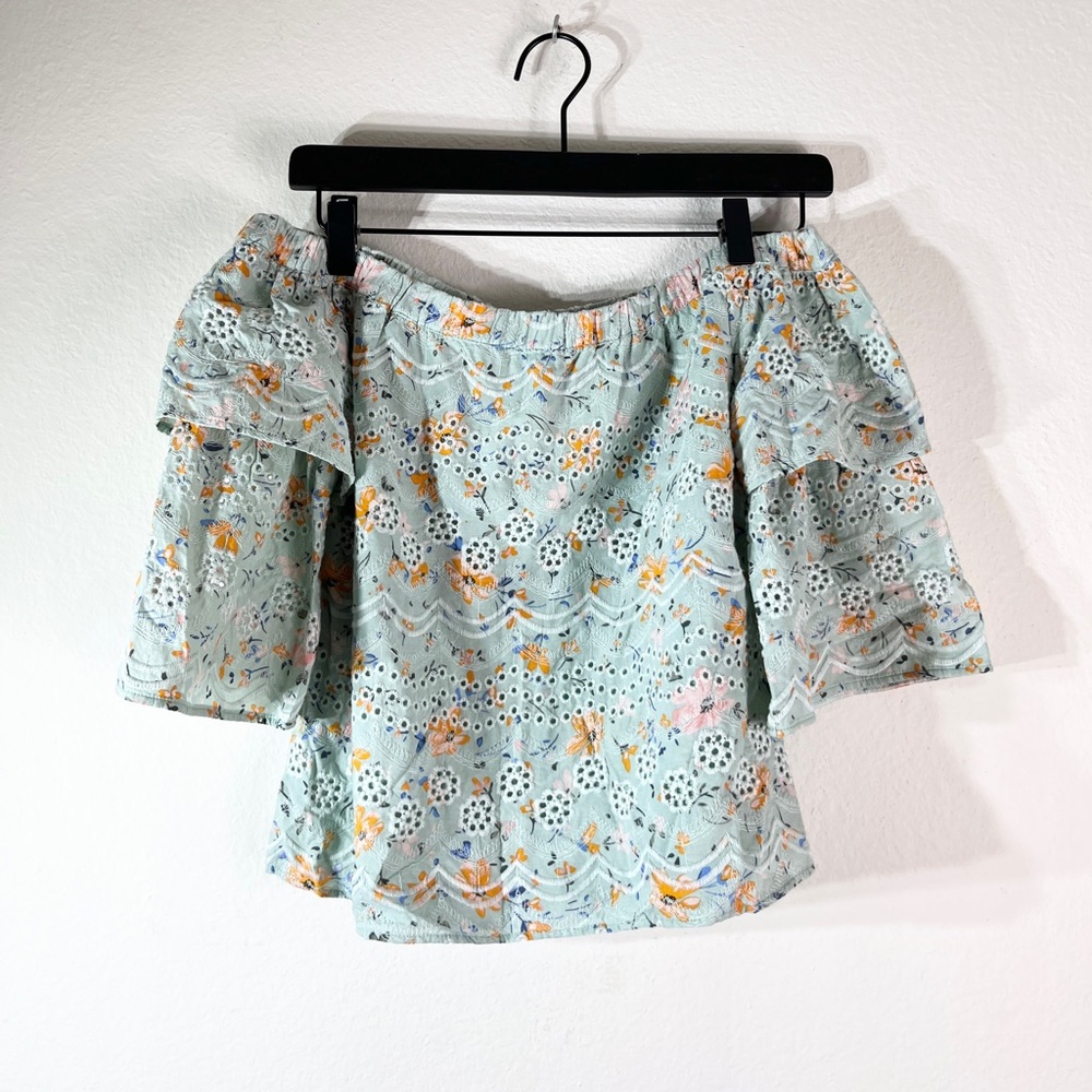 LAIA Anthropologie Size XSmall Green Floral Eyelet Off the Shoulder Top
